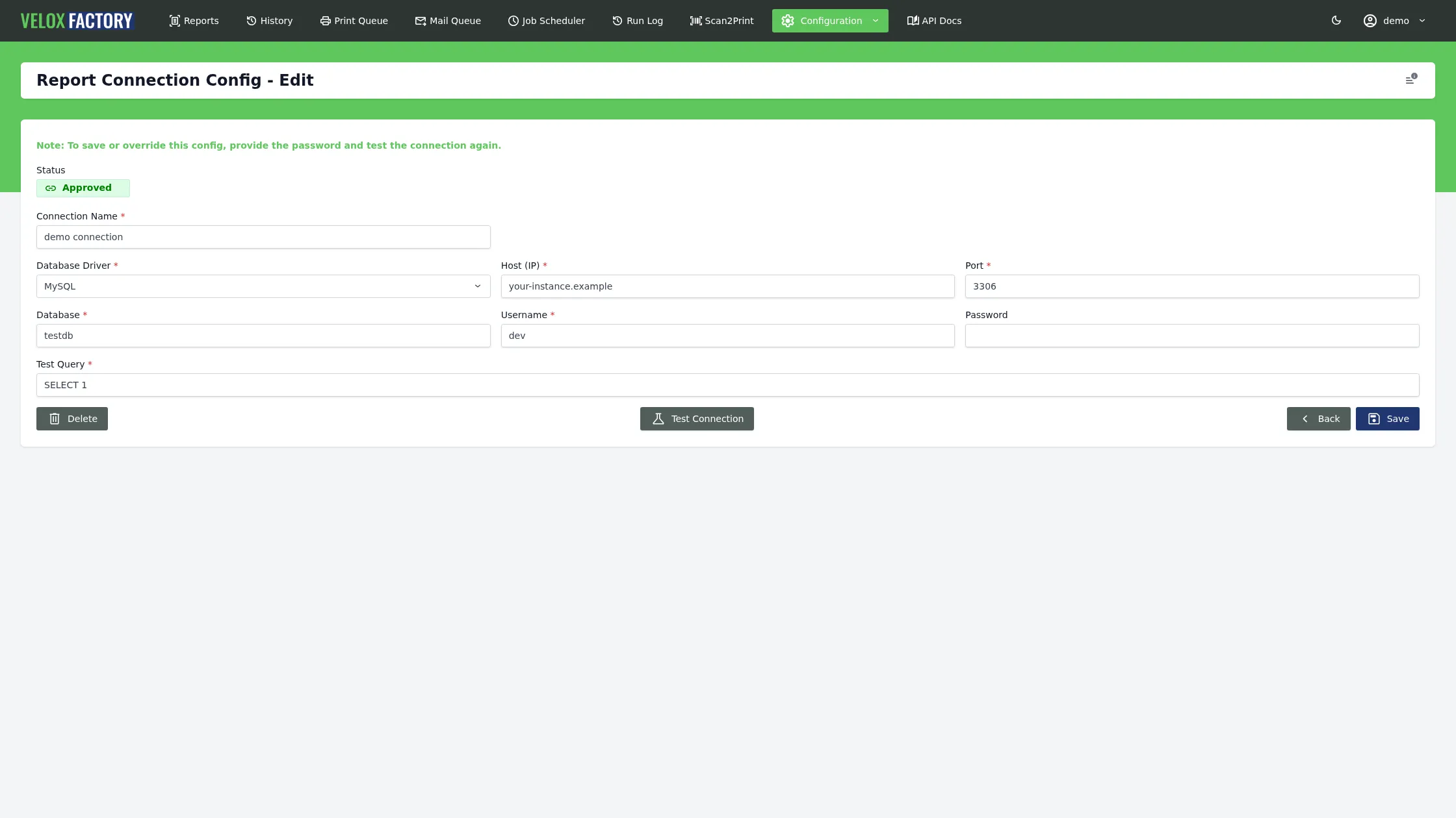 Connection configuration with database settings and a connection test button