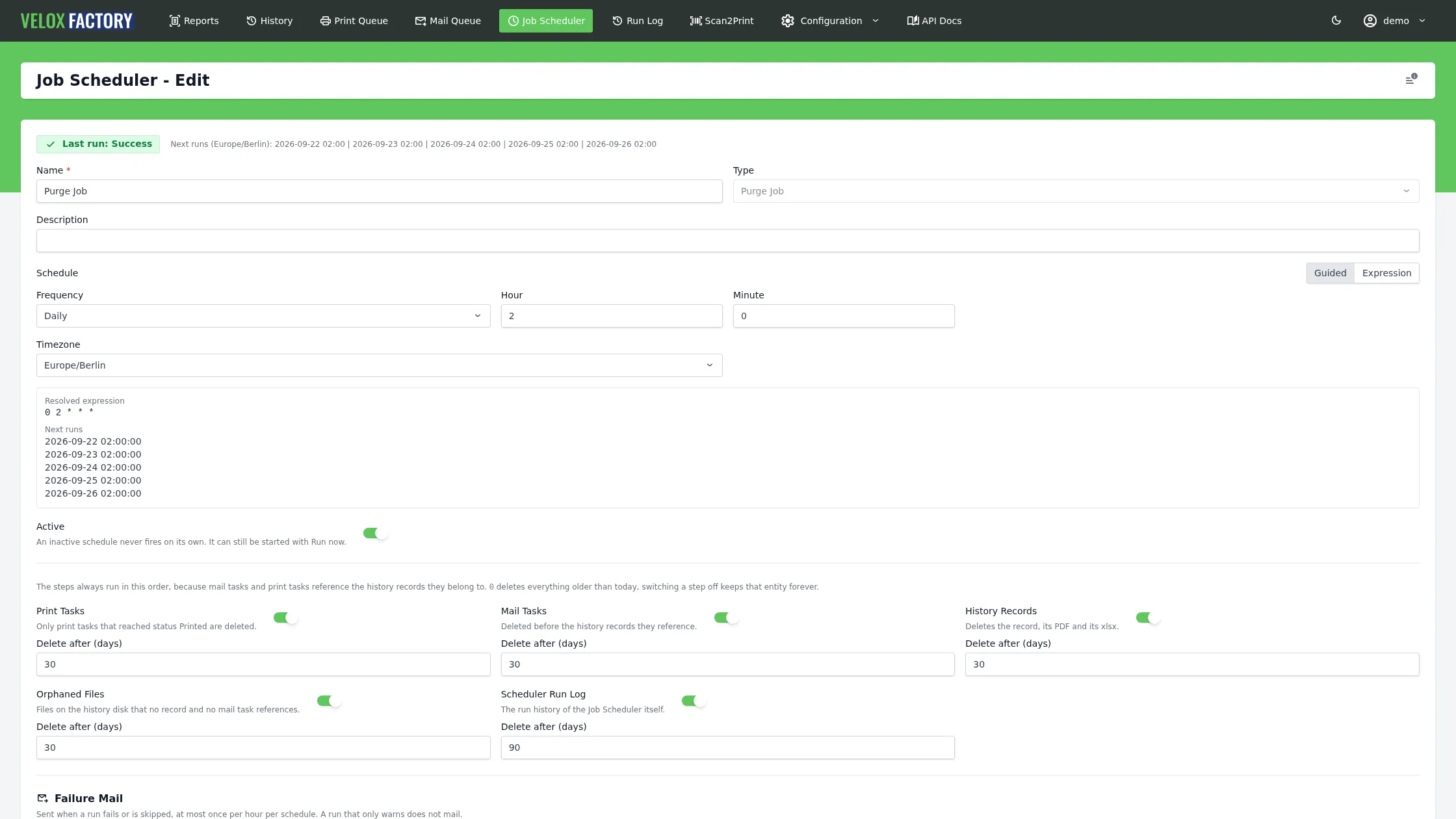Purge job settings with the retention in days for history records and tasks