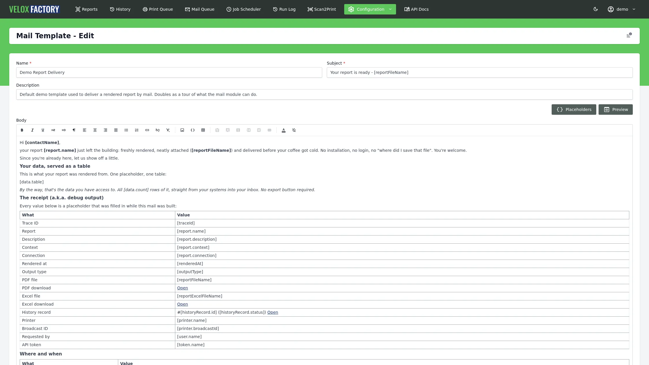 Mail template editor with placeholders