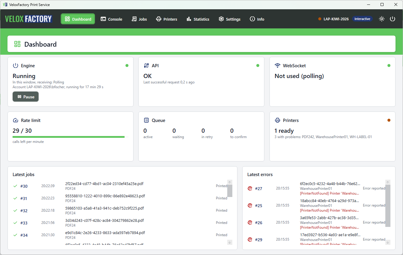 Print-Service-Dashboard mit Status von Engine, API, WebSocket, Warteschlange und Druckern