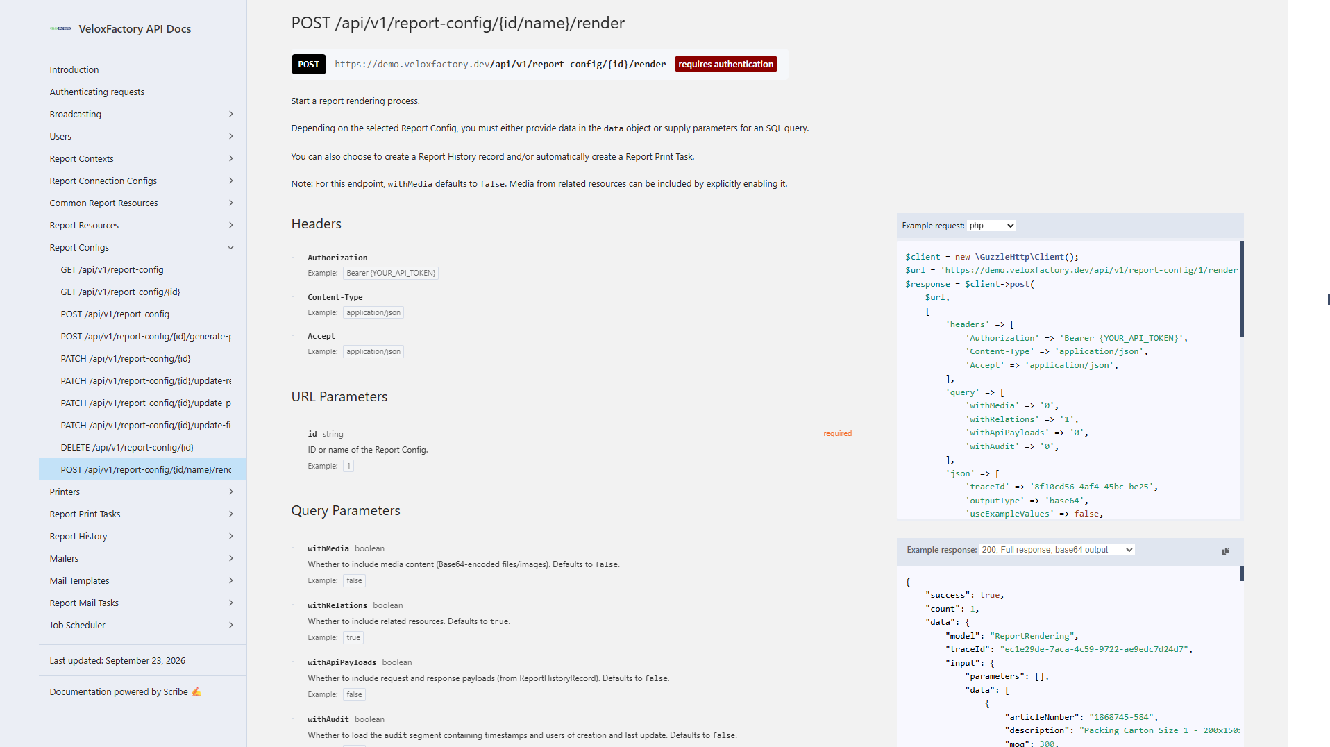 API-Referenz des Render-Endpunkts mit Beispiel-Request und -Response