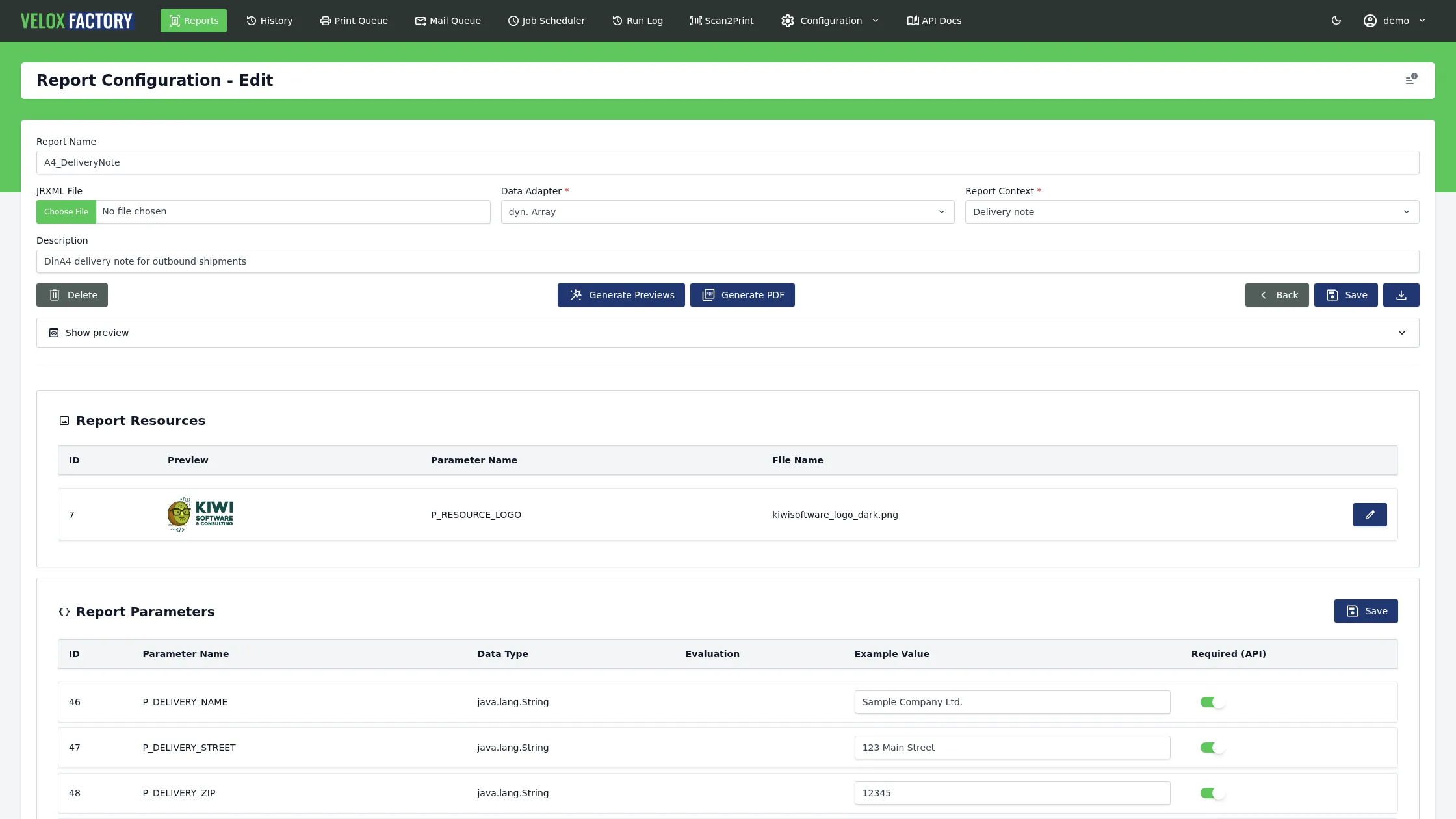 Template detail view with detected parameters and fields