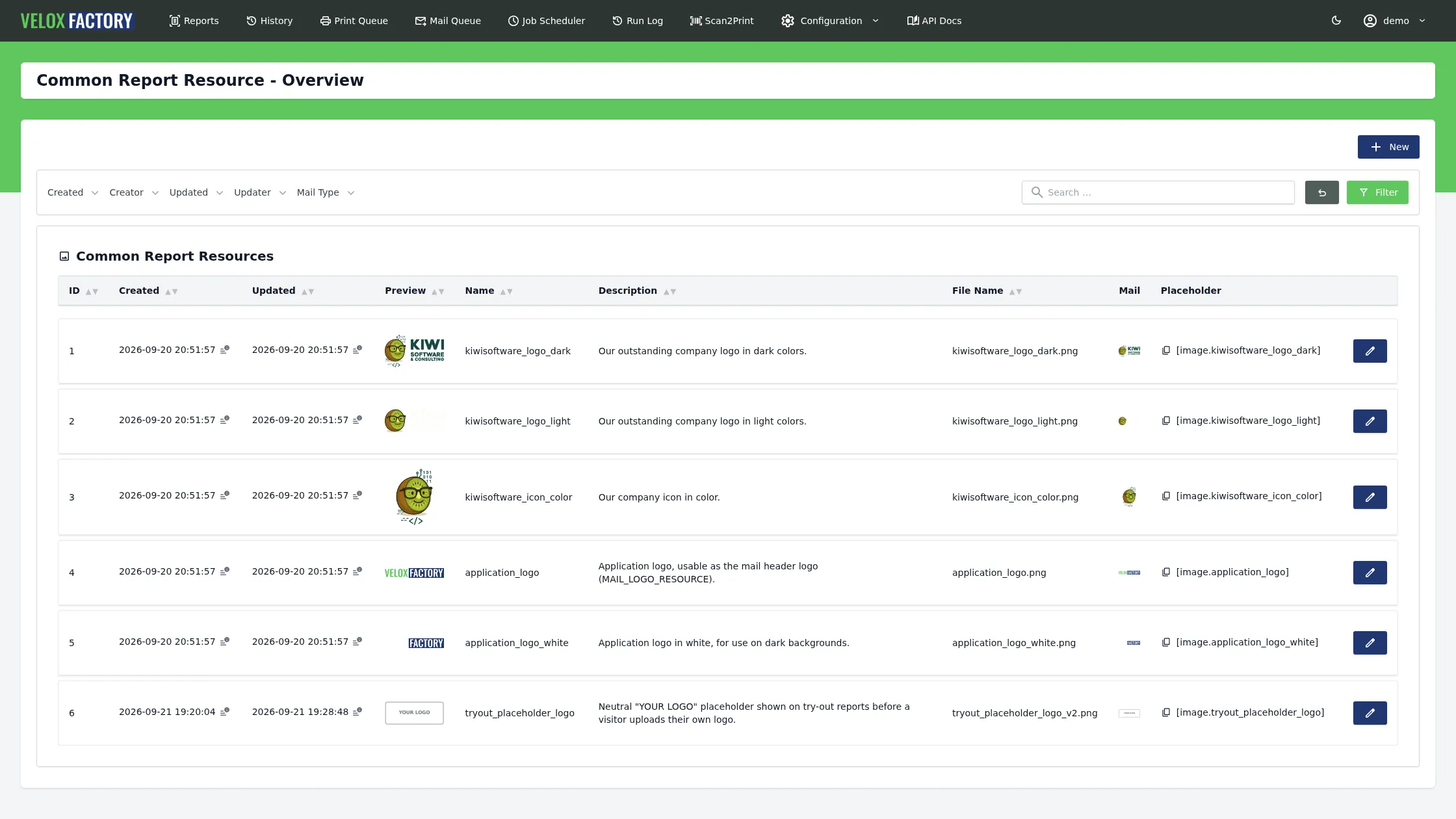 Shared resources such as logos and images, with preview and mail placeholder